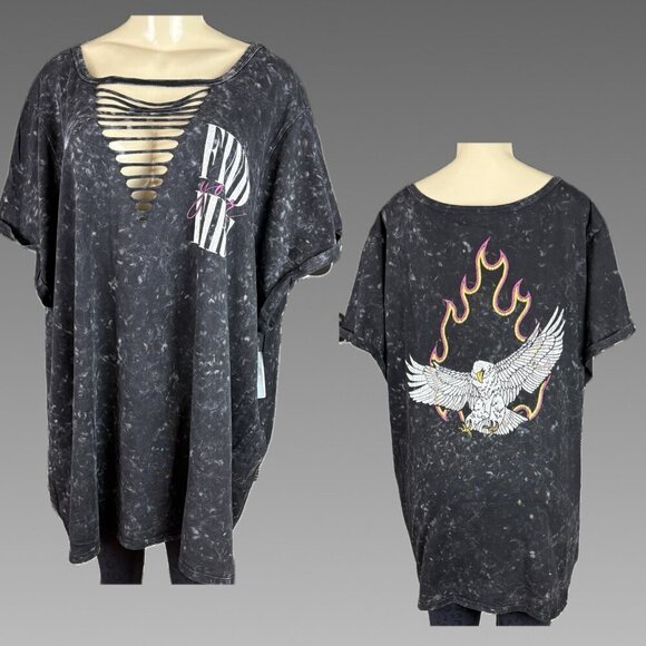 Torrid +5 Black Aged Slashed Neck Find Your Fire Graphic Eagle Short Sleeve Tee - Picture 1 of 6